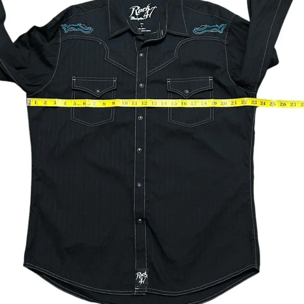 Rock 47 Wrangler Western Snap Button Shirt Men's Large Black Blue Cotton
